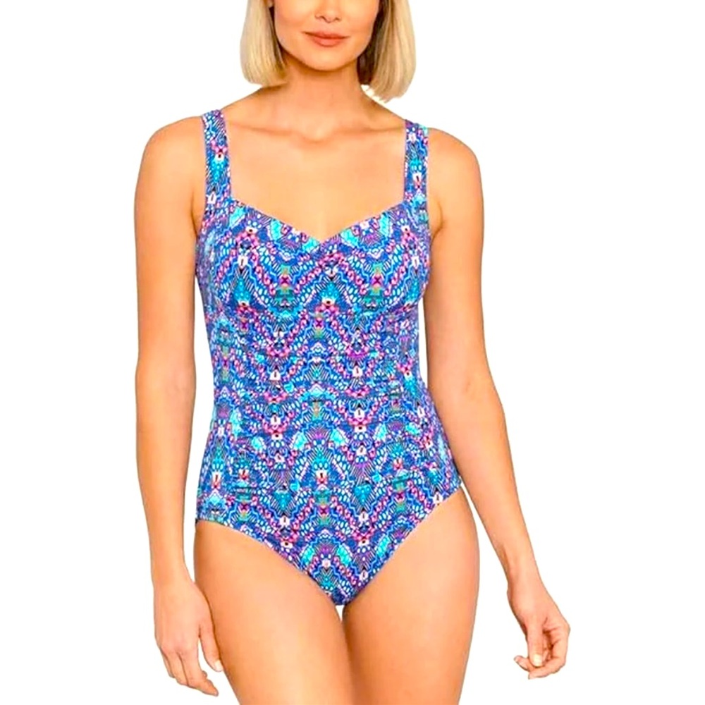 Swim Solutions NAVY MULTI Tummy-Control Shirred One-Piece Swimsuit, US 14